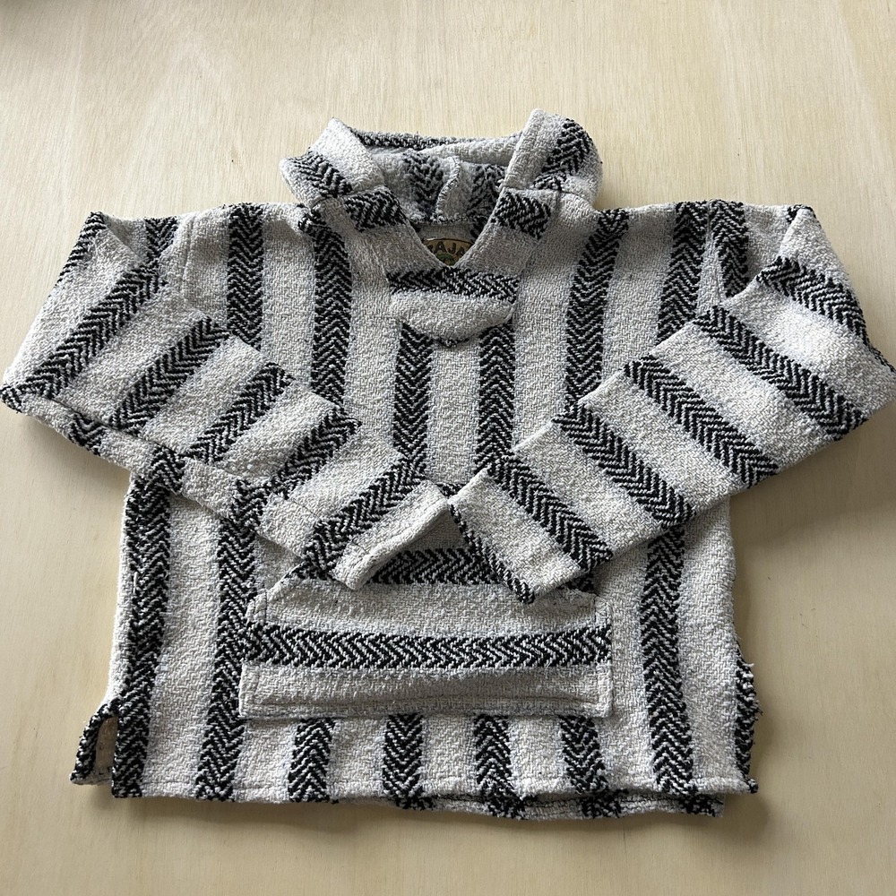 Baja Joe Hoodie Womens Medium Gray Black Striped Knit Pullover Kangaroo Pocket